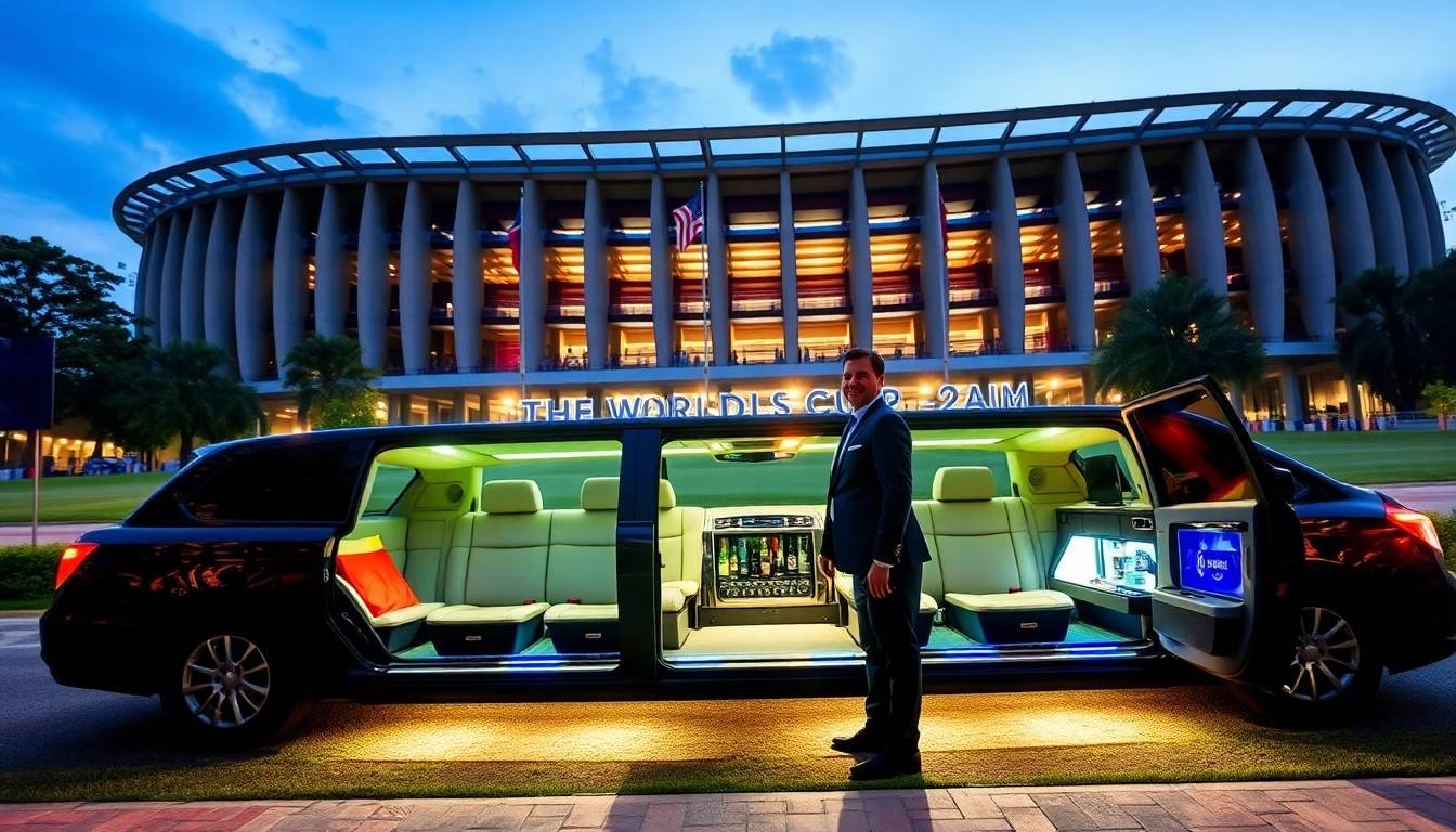 Luxury World Cup Group Transportation with a limousine outside a stadium