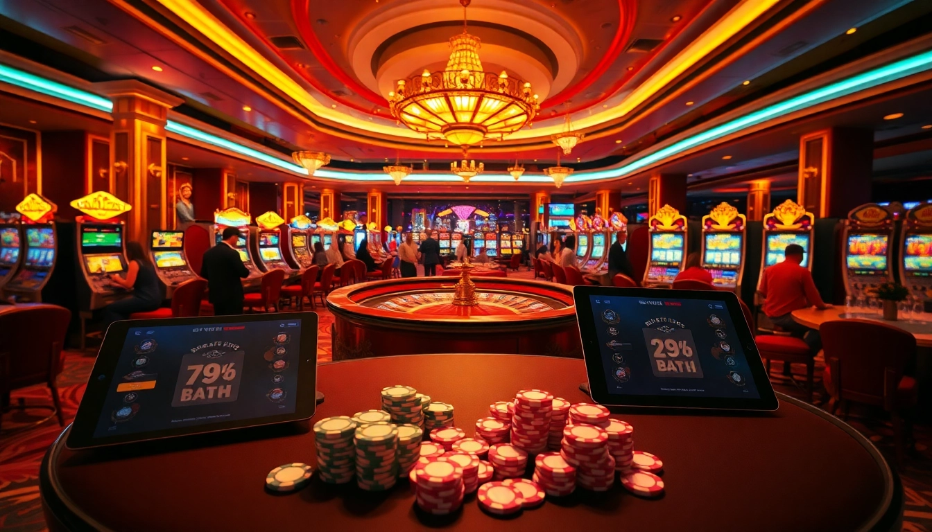 Casino gaming scene featuring V9bet-themed roulette and slot machines, brimming with excitement.