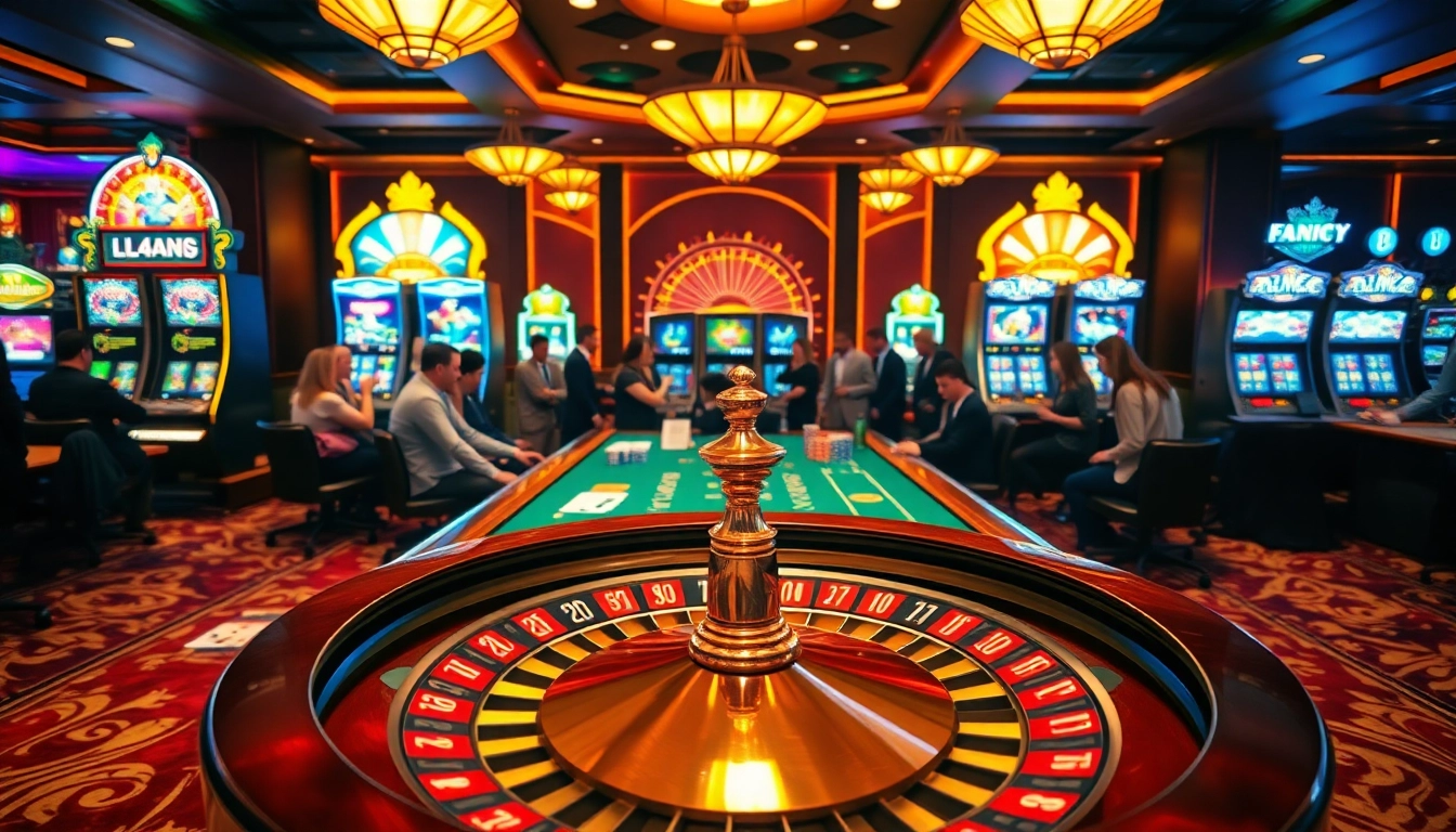 Players enjoying a thrilling game at L444 casino with vibrant slot machines and poker chips.