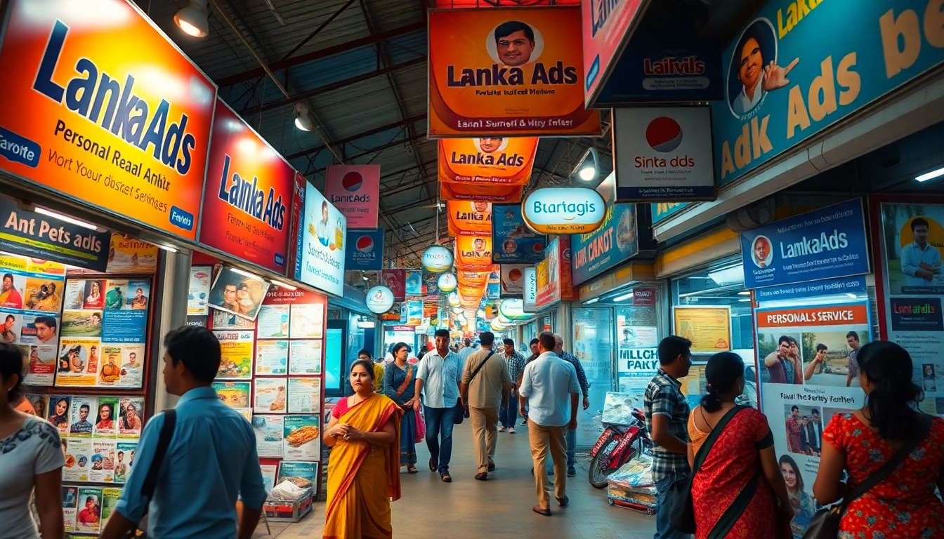 Lanka Ads vibrant marketplace with colorful stalls showcasing local ads and personal services in Sri Lanka