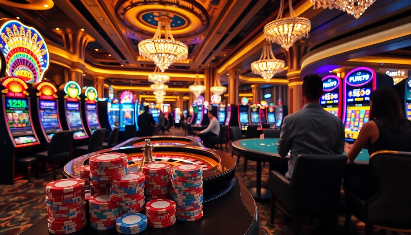 Players enjoying a thrilling game at fun79, featuring lively slot machines and engaging dealers.