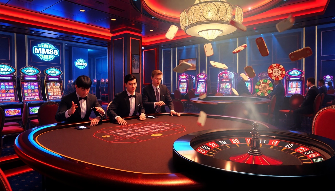 Players enjoying the thrill of MM88 casino games with vibrant poker chips and roulette excitement.