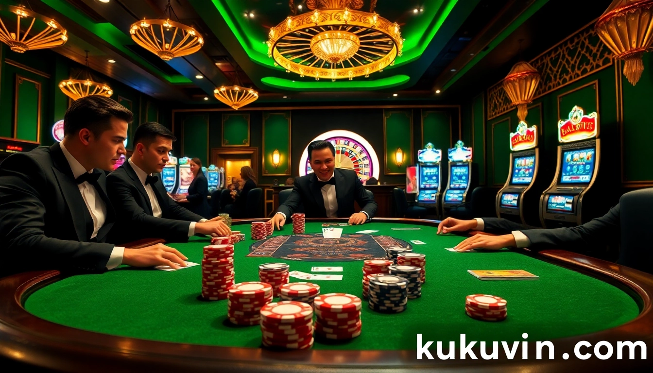 Exciting casino scene featuring a poker game and roulette wheel, highlighting kuwin com's vibrant atmosphere.