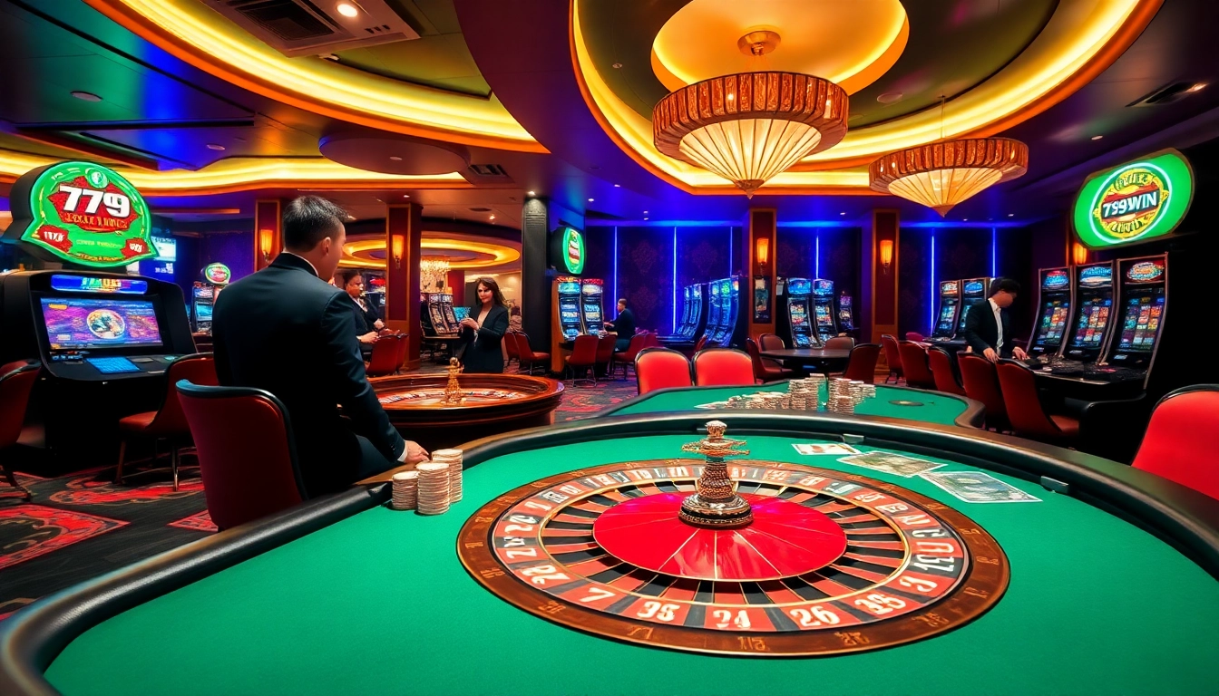 A vibrant casino scene showcasing players at a poker table, representing the excitement of 789win gambling.