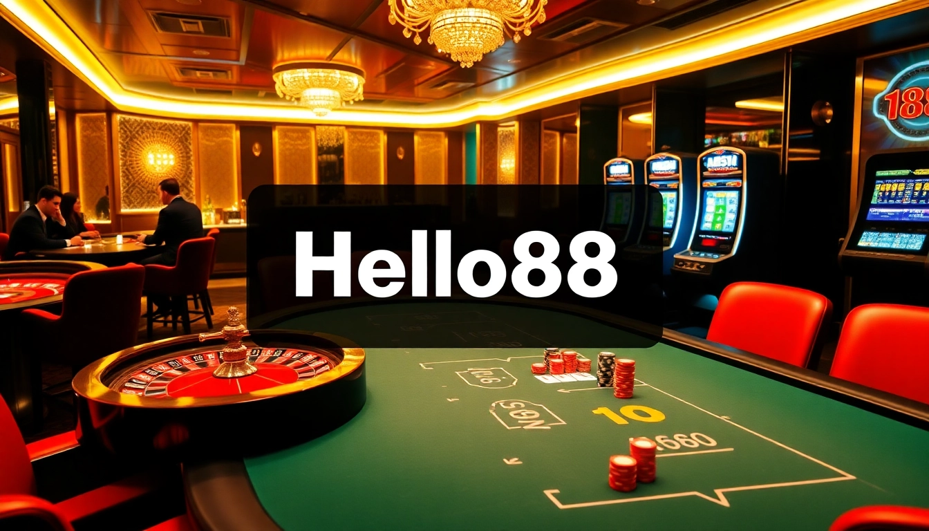 Hello88 casino scene featuring poker players at a vibrant table and a spinning roulette wheel.