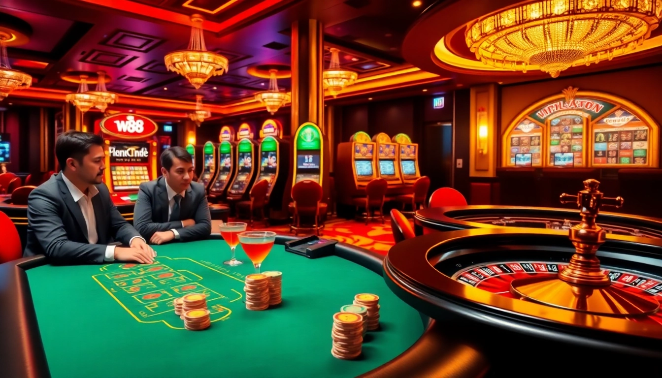 Engage in thrilling poker action at W88's luxurious casino environment featuring vibrant slots and roulette.