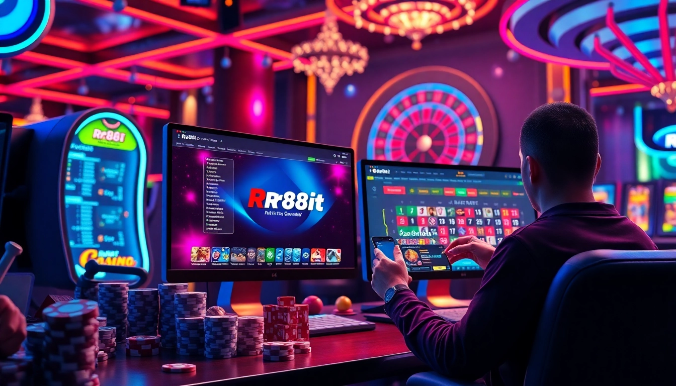 Rr88it gaming platform interface with vibrant casino elements, focusing on online gambling excitement.