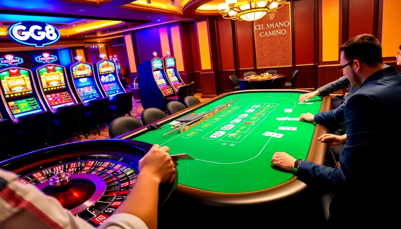 Experience the thrill of winning at GG88 with an exciting casino scene featuring blackjack and roulette tables.