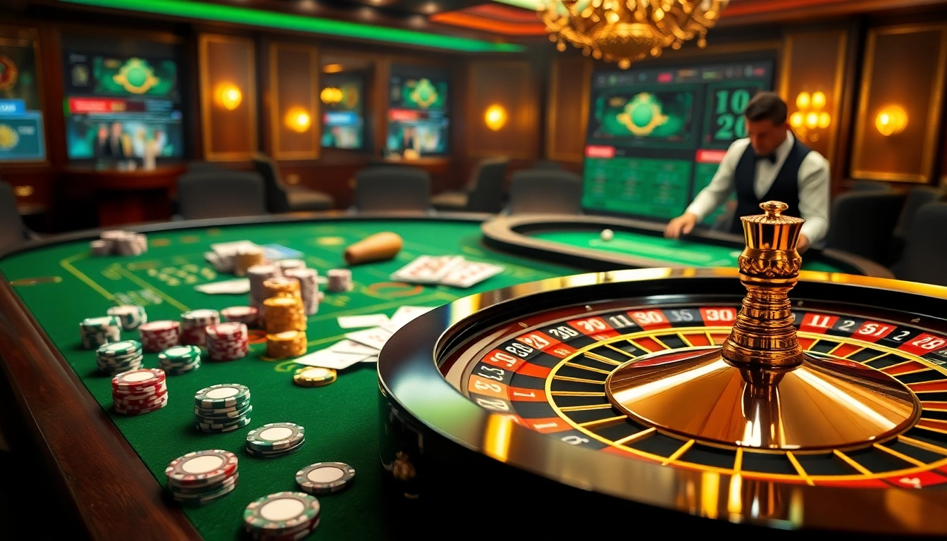 Exciting gaming scene featuring DR88 casino tables, roulette wheel, and vibrant betting action.