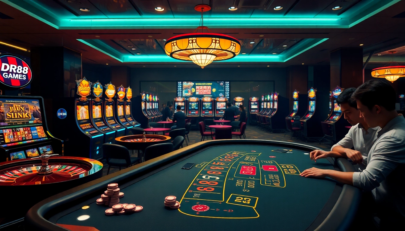 Experience thrilling online gaming at DR88 with vibrant casino visuals and immersive gaming action.