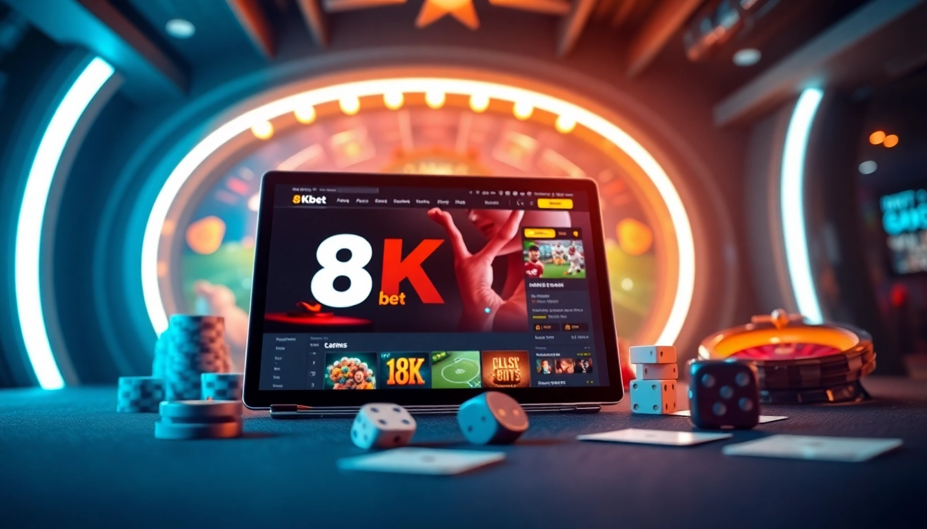 Experience the excitement of 8Kbet's online betting platform with a sleek interface and vibrant gaming atmosphere.