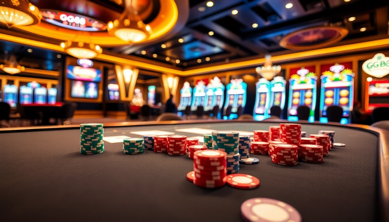 Experience the luxury and excitement at NHÀ CÁI GG88 casino with vibrant gaming tables and slot machines.