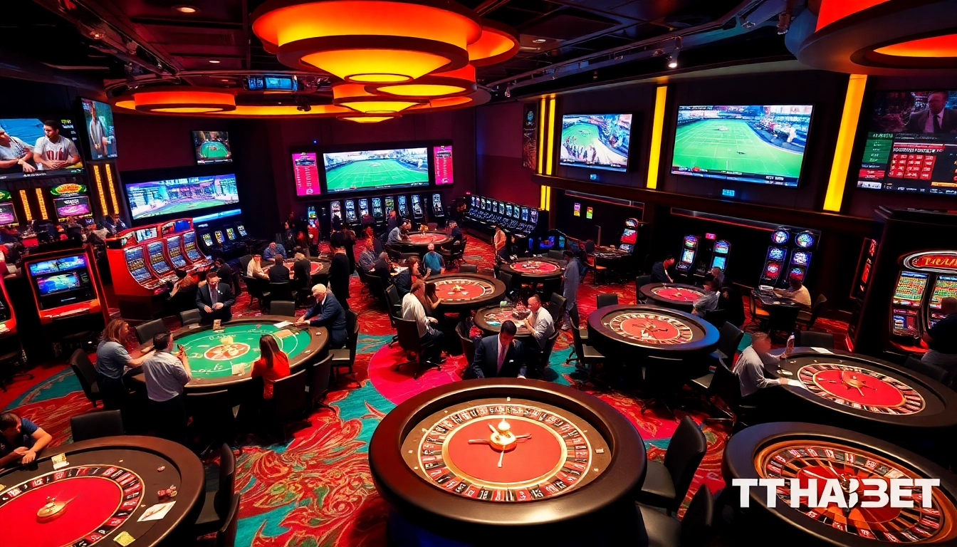 Players enjoying thrilling games at THABET casino, featuring vibrant lights and poker tables.