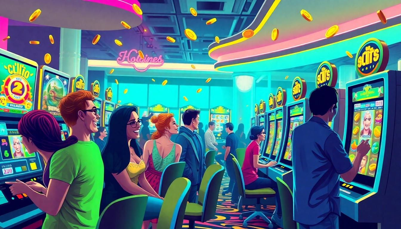 Experience the thrill of Kode4d slot with animated virtual gaming environment showcasing vibrant slot machines and players.