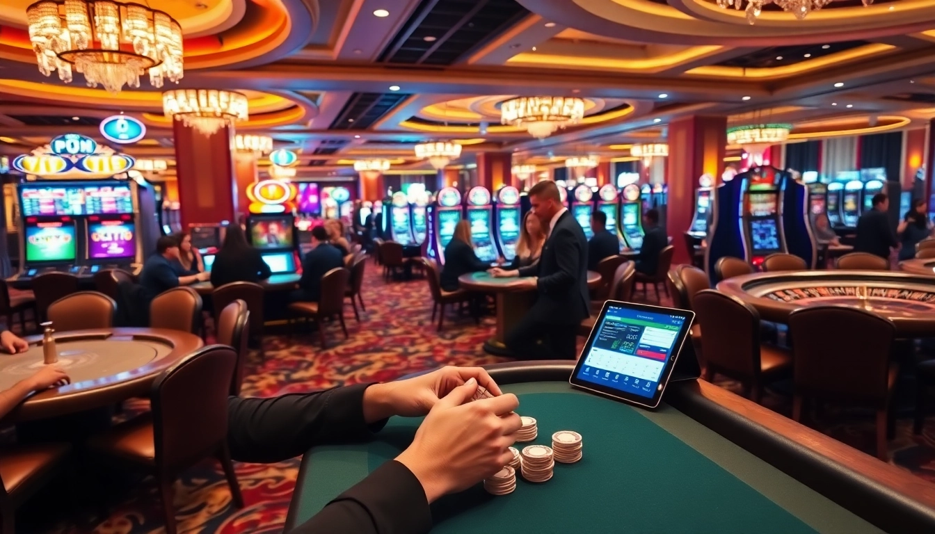 Excited casino players engaging with pbn post strategies at luxurious tables and slot machines.