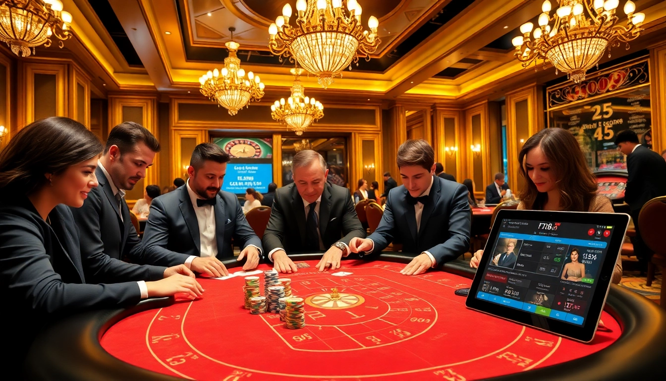 Excited players strategizing at the F168.STUDIO baccarat table in a luxurious casino.