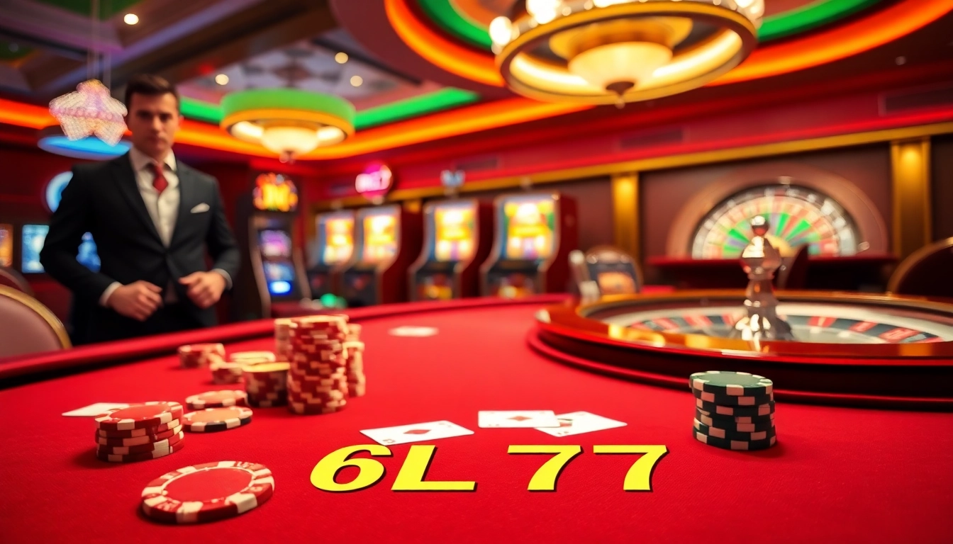 Experience the thrill of 6L777 at a luxurious casino table with cards, chips, and slots.