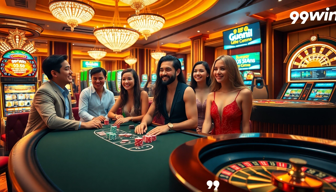 Players enjoying an exciting game at 99win casino, showcasing poker chips and vibrant slot machines.
