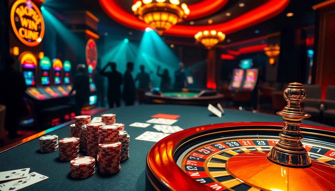Experience the excitement of 78WIN with dynamic casino visuals focusing on poker chips and roulette wheels.