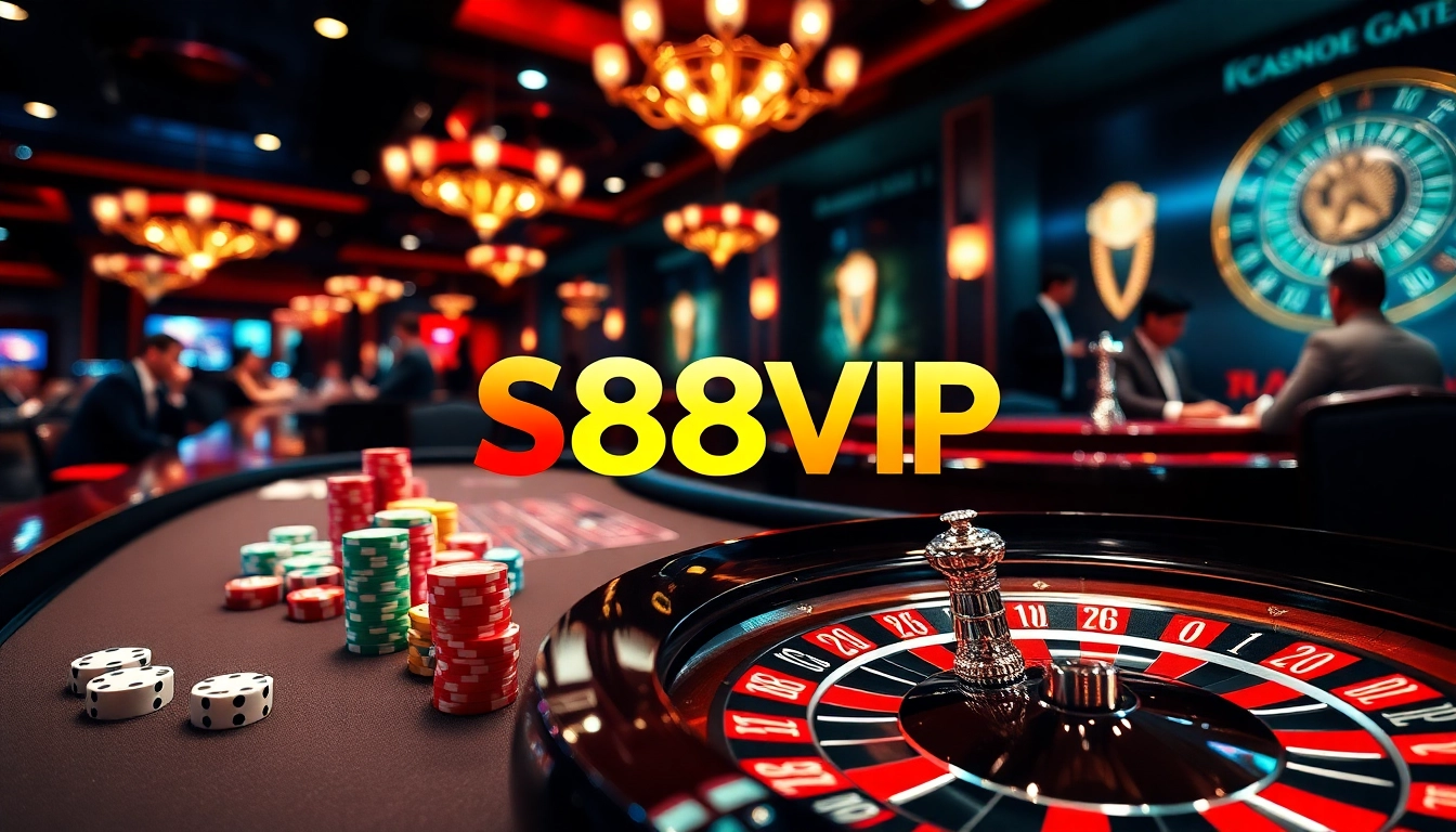 S88VIP gamers enjoying lively gameplay at a luxurious casino table with vibrant chips and roulette wheels.