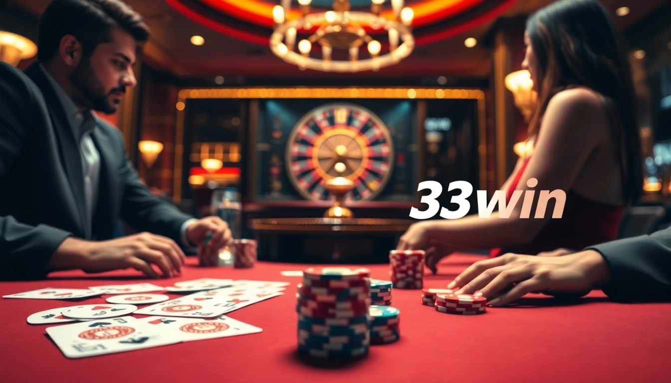 33win poker game with vibrant chips and dealer in an exciting casino setting.