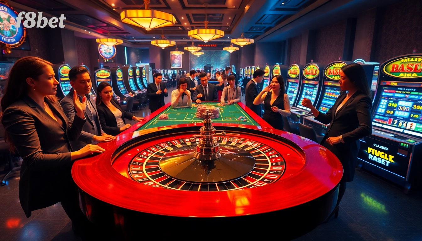 Players enjoying lively gambling at f8bet's vibrant casino tables in an upscale setting.