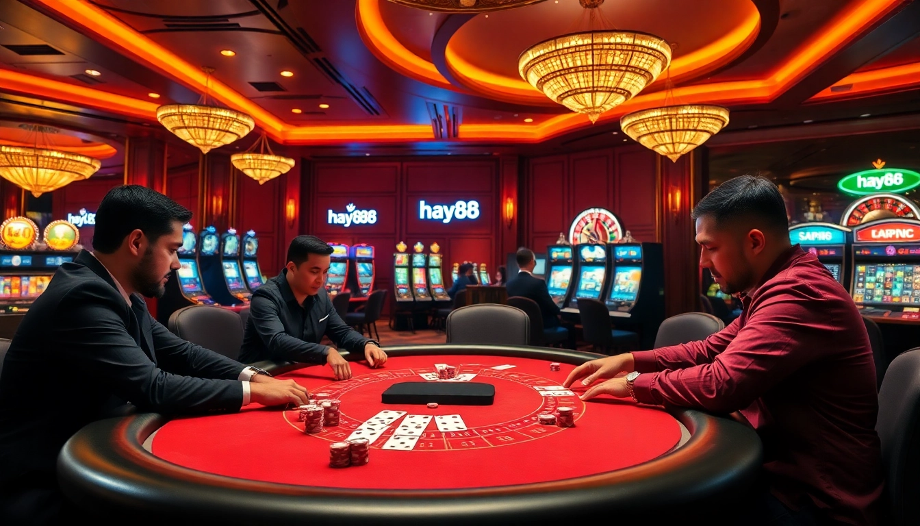 Players engaged in a thrilling game at hay88 casino, showcasing poker action and vibrant surroundings.