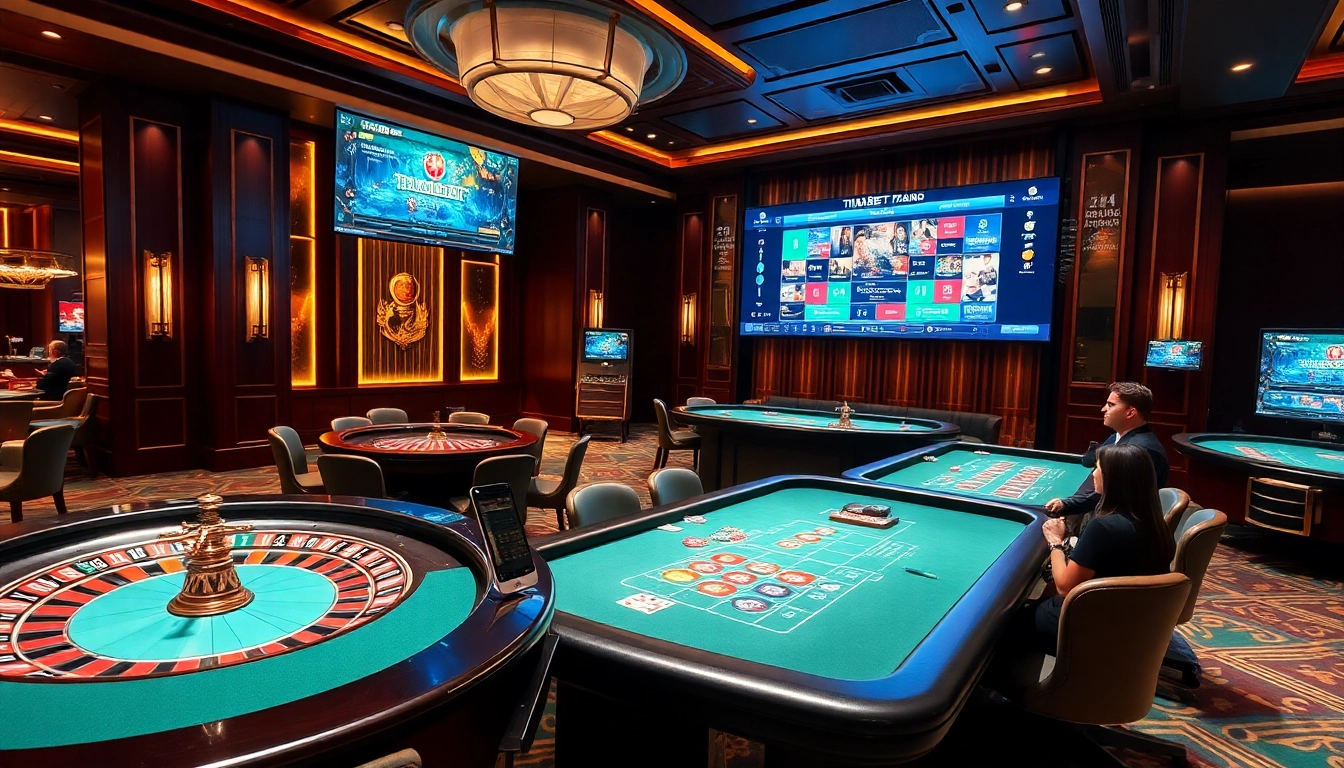 Exciting THABET casino scene with elegant tables and skilled dealers in a luxurious atmosphere.