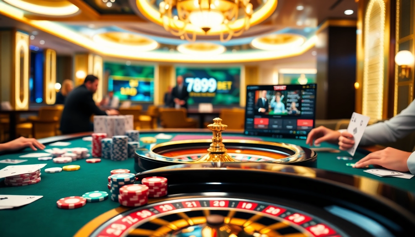 Experience the excitement of 789BET through an immersive casino scene with vibrant gaming tables and colorful chips.