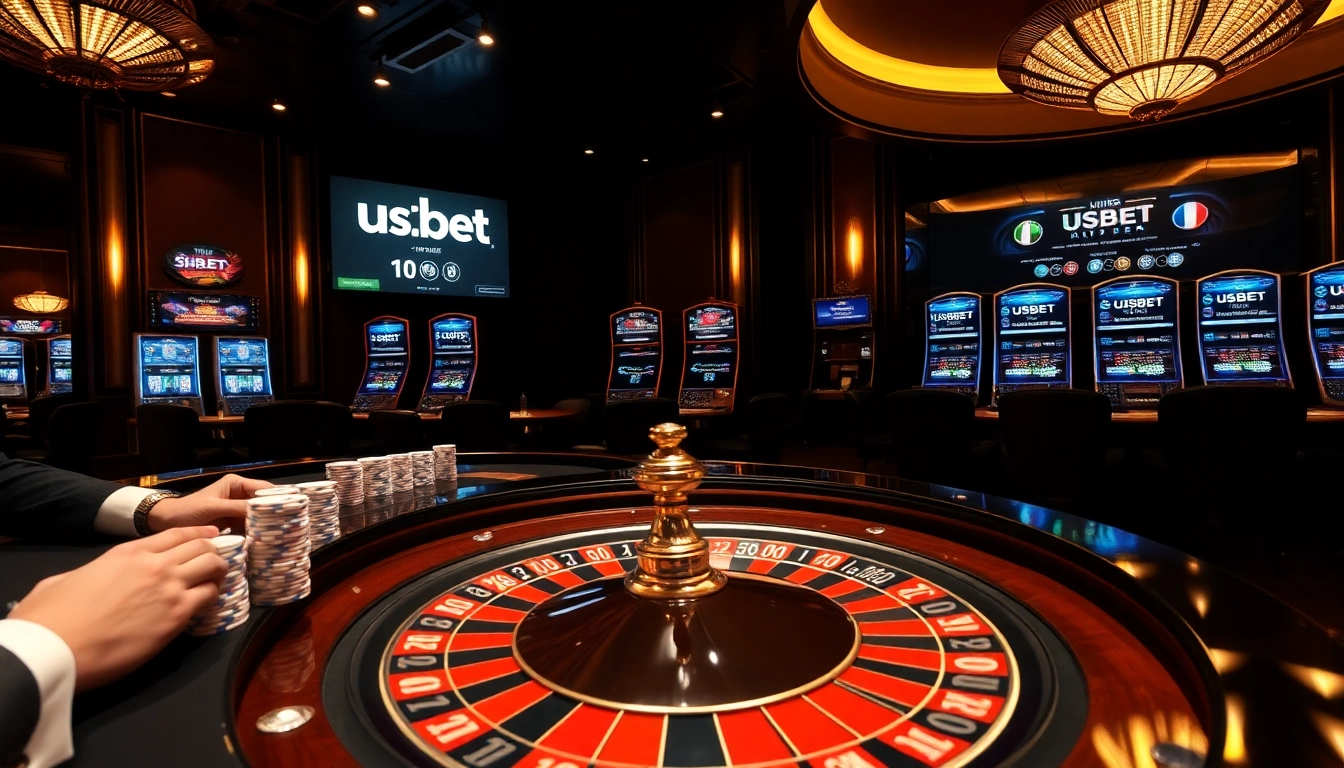 usbet players engaging in an exciting casino experience, featuring roulette and poker chips.
