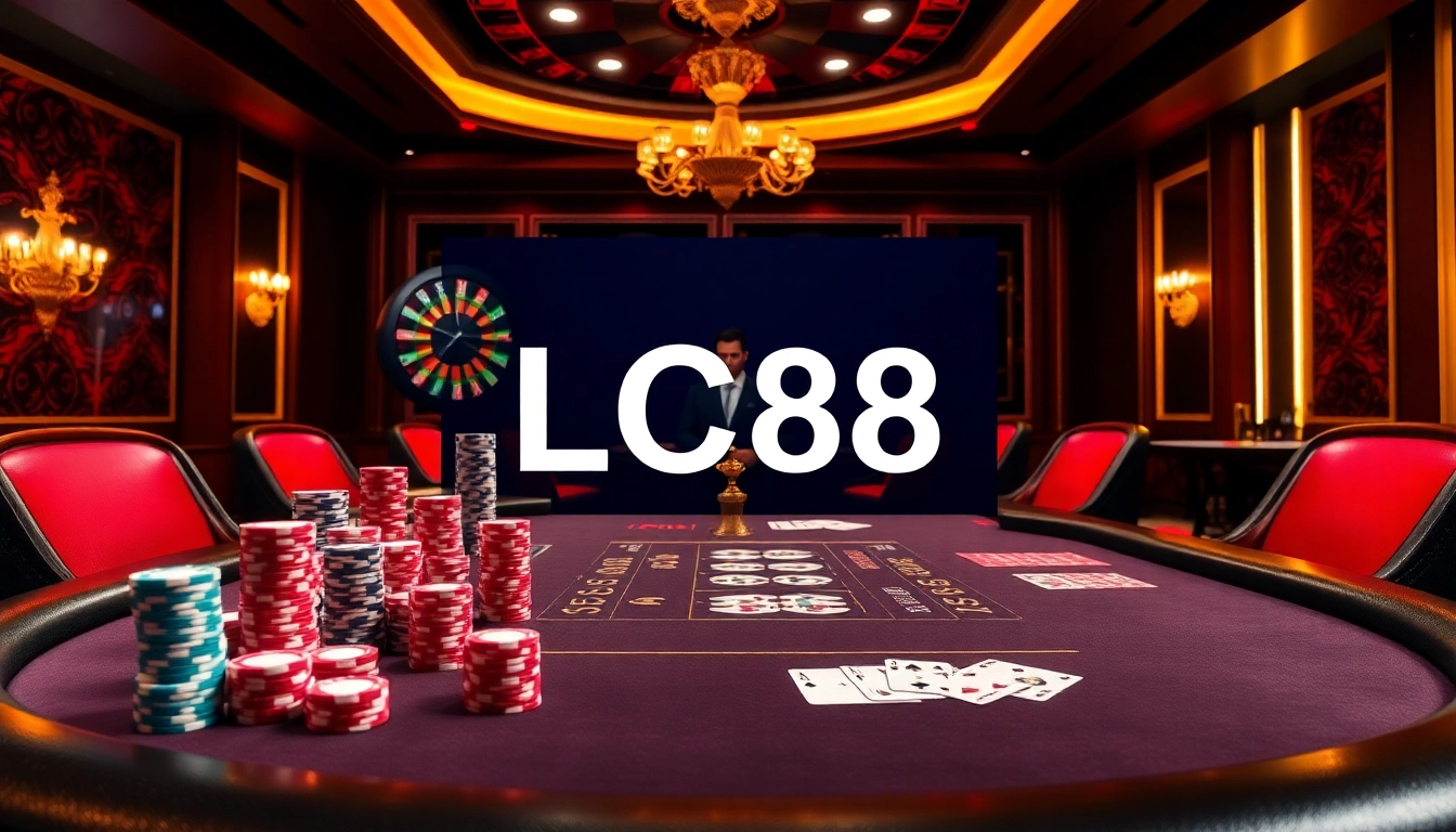 Exciting LC88 casino scene with a high-stakes poker table and vibrant gaming elements.
