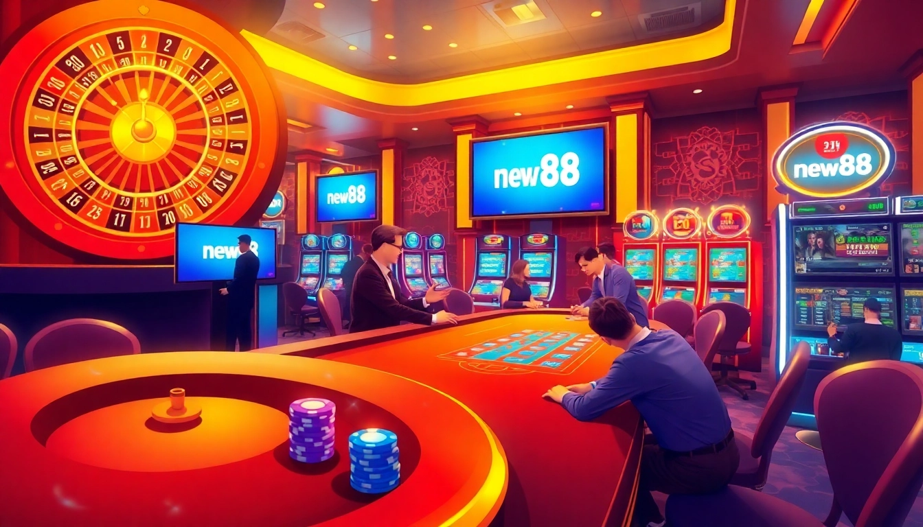 Experience the thrill of gambling at new88's luxurious casino floor with roulette and blackjack tables.