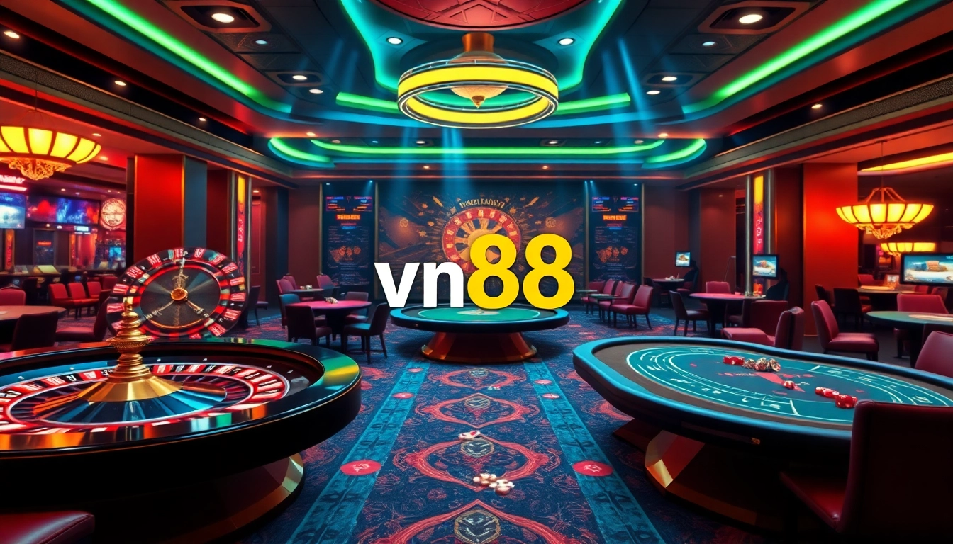 Experience the excitement of gambling with VN88's virtual casino interface featuring poker tables and roulette wheels.