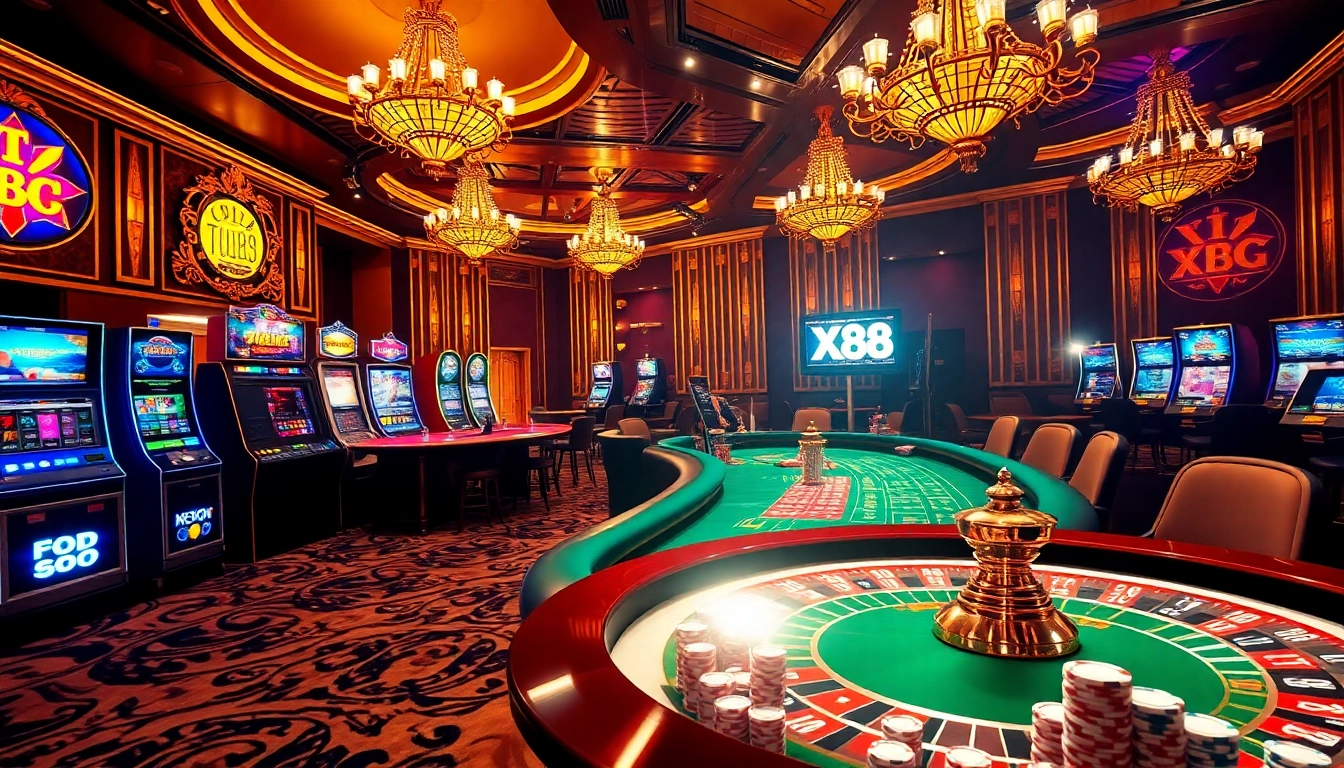 Engage in thrilling experiences at https://xx88.cheap/ with a stunning casino setting showcasing vibrant slot machines and poker tables.
