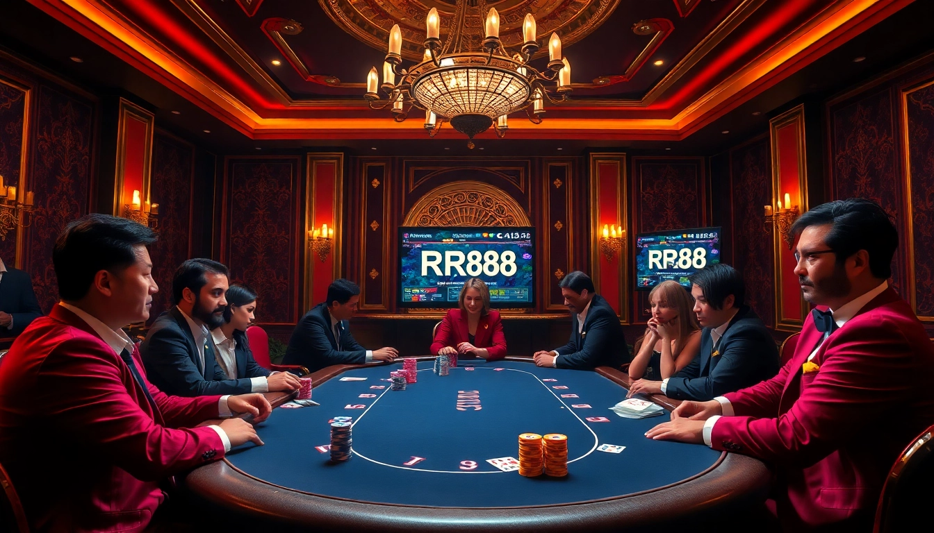 RR88 poker table featuring vibrant chips and cards, evoking excitement in a luxurious casino setting.