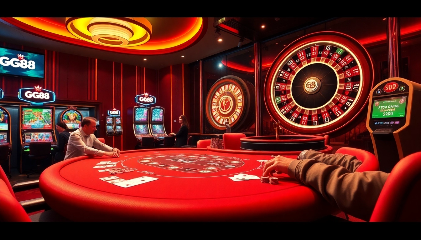 Experience thrilling gambling action with GG88's vibrant poker table, slot machines, and roulette wheel.