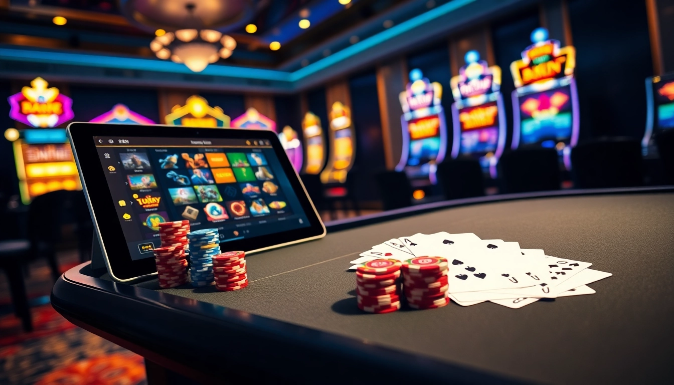 Players enjoy a thrilling QQ88 gaming experience at a luxurious casino table filled with colorful poker chips.