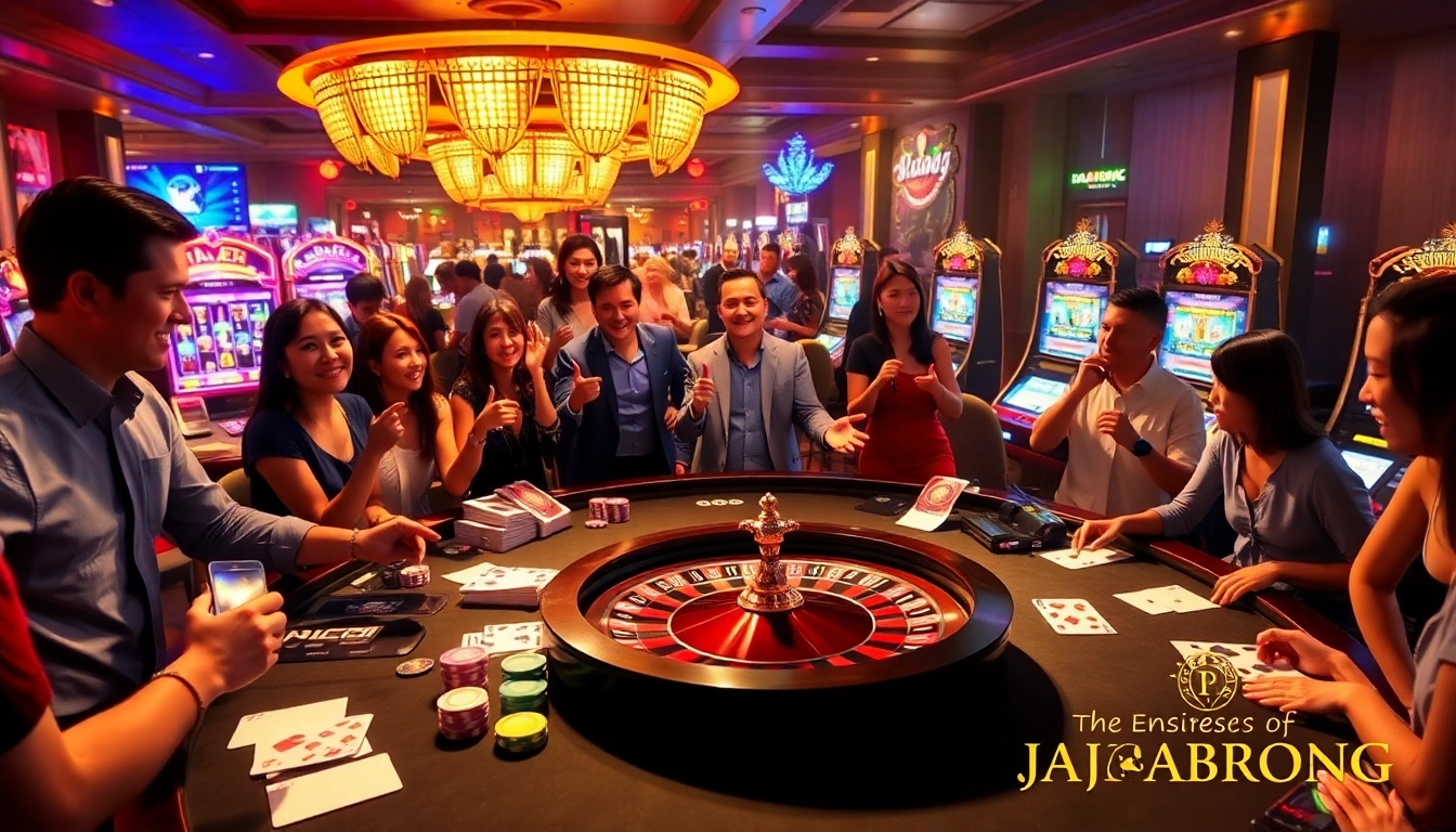 RAJABARONG showcases an exhilarating casino atmosphere with vibrant tables, poker chips, and excited players.