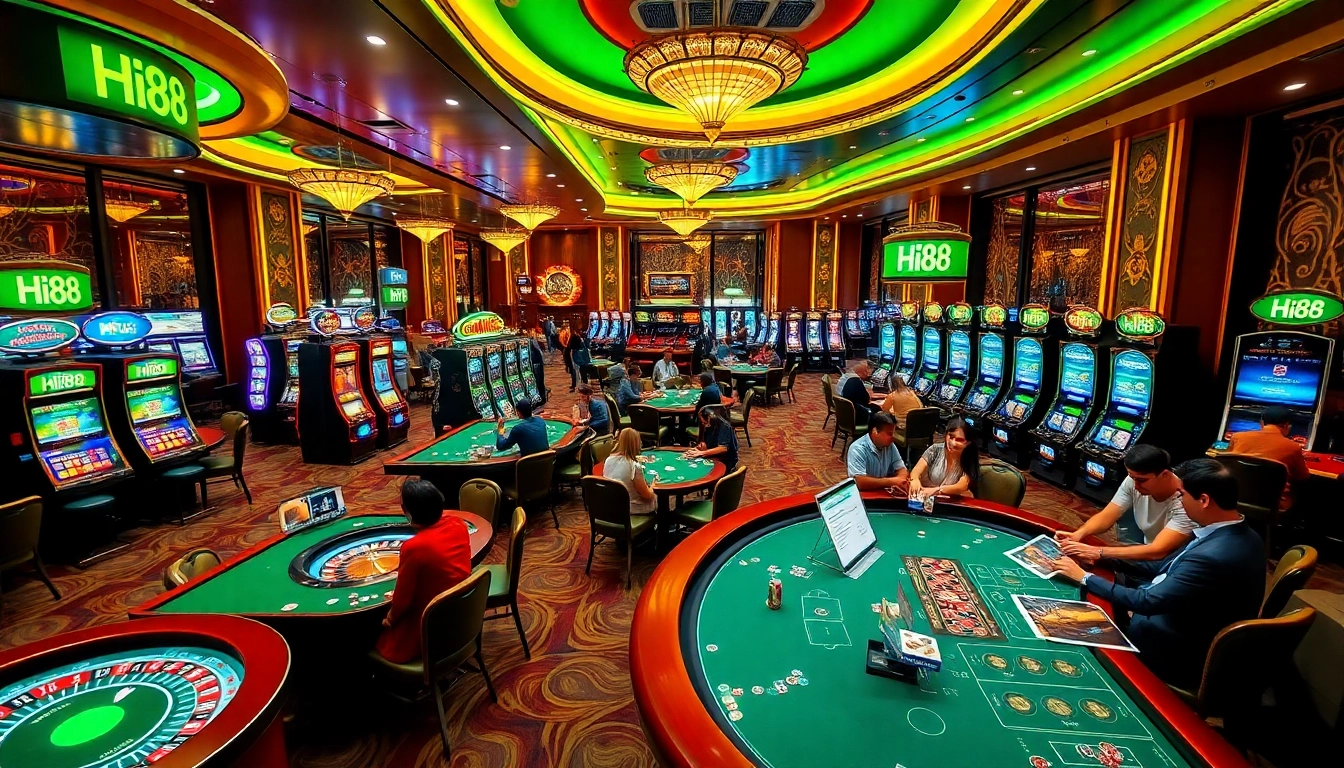 Experience the thrill of gambling at Hi88, featuring vibrant casino tables and exciting slot machines.