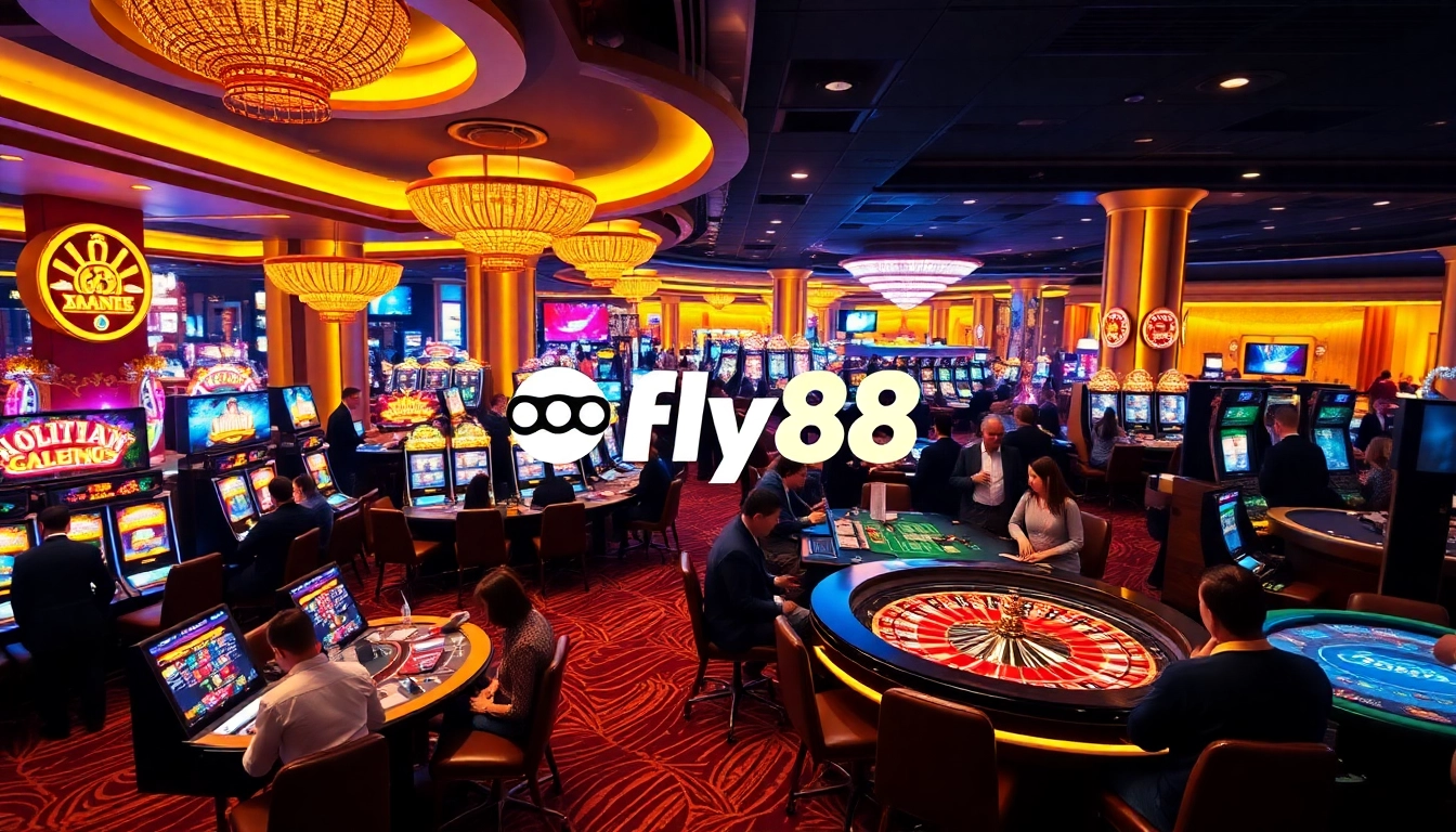 Dynamic gaming scene at nhà cái fly88 featuring thrilling slot machines and engaging players.