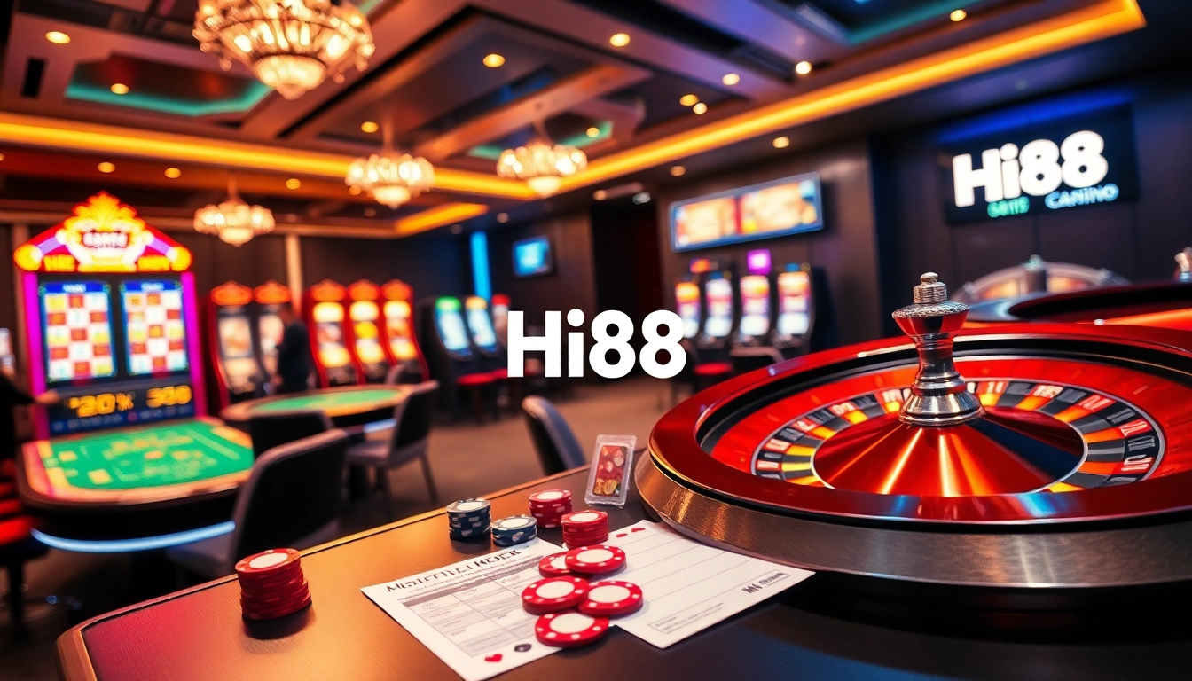 Engaging casino scene with poker tables and Hi88 branding showcasing thrilling online gaming.