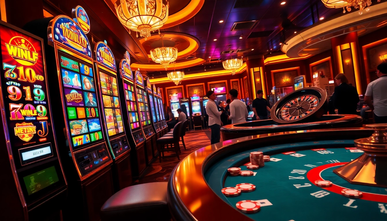 Experience the excitement of gaming at PU88 com with vibrant slot machines and an engaging poker table.