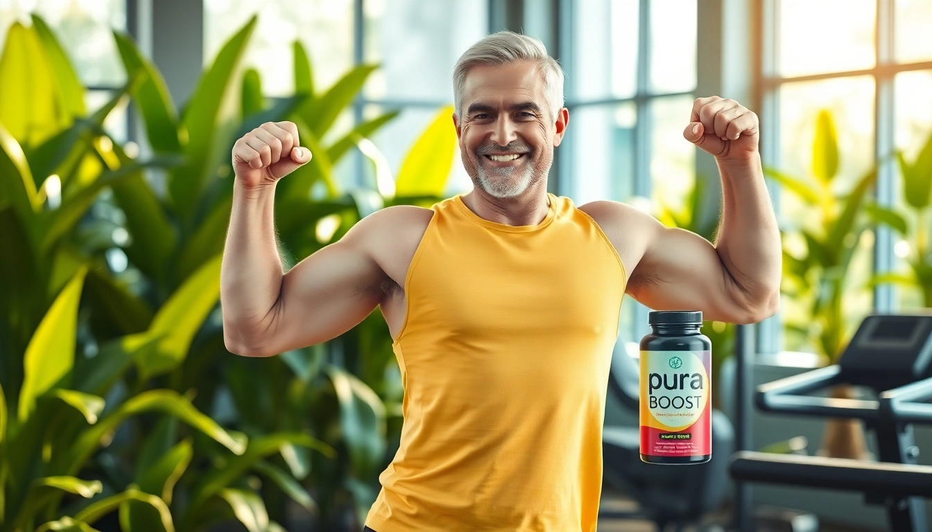 Pura Boost revitalizes men's energy and performance in a vibrant gym setting, showcasing health and confidence.