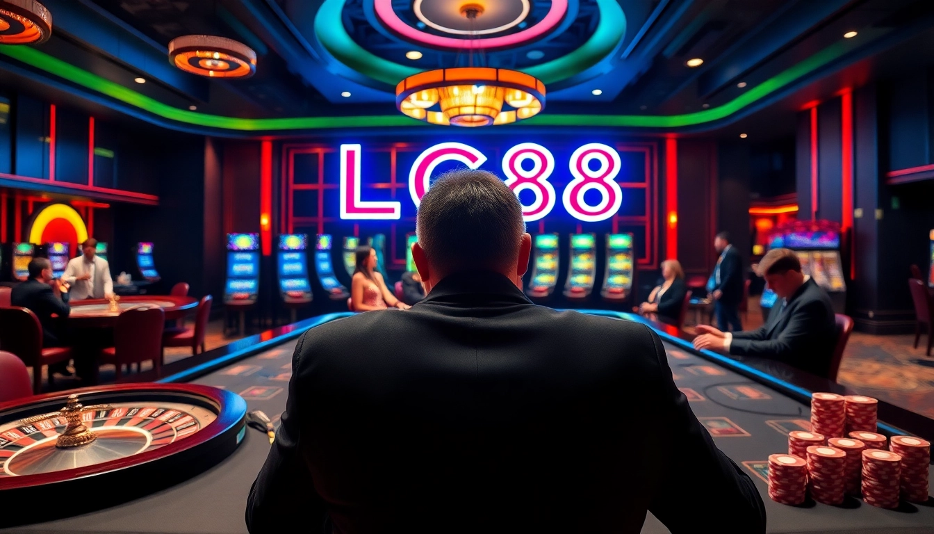 Players engaging in exciting poker gameplay at LC88 casino, with stacks of chips and roulette wheels.