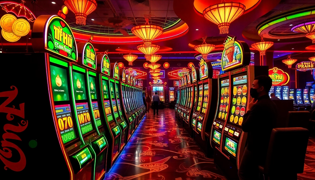 Captivating scene of players enjoying nổ hũ slot machines in a vibrant casino atmosphere.