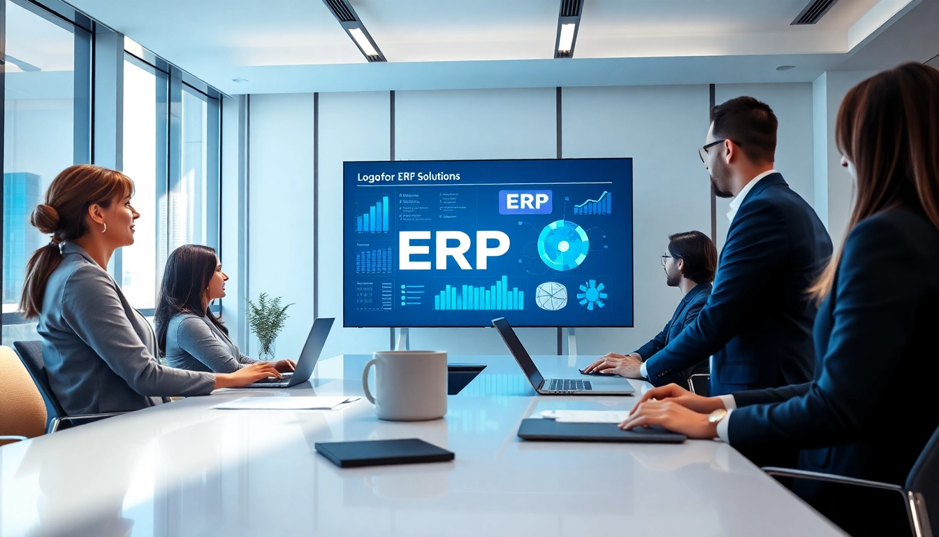 Discussion on Logo ERP fiyat in a modern office setting with digital analytics on display.