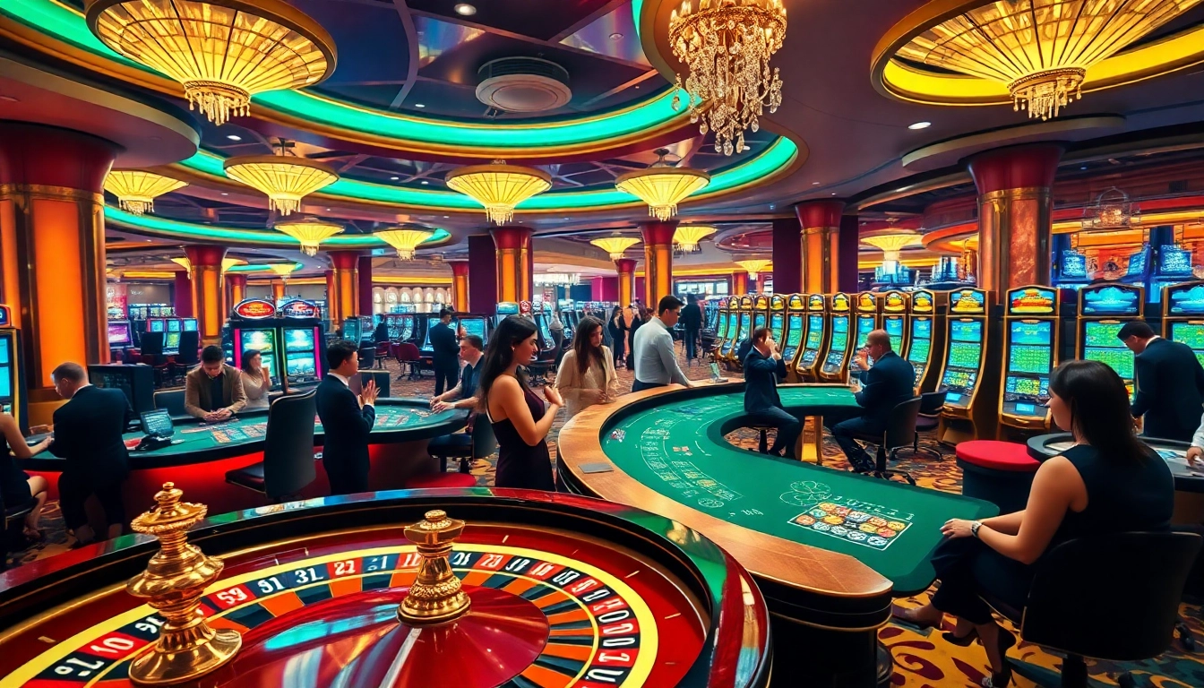 Experience the excitement of ta88c with players enjoying roulette and poker at a glamorous casino.