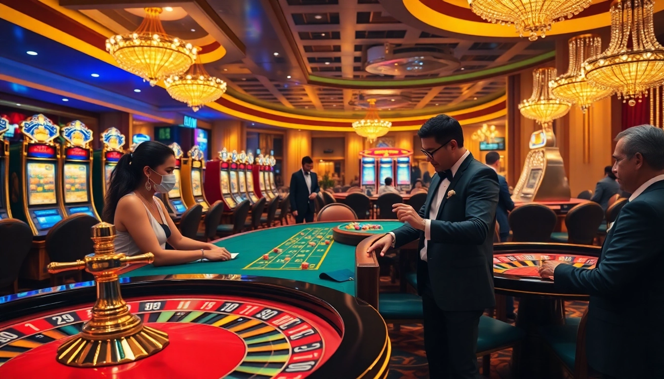 Experience the excitement of XN 88 with players at poker tables and vibrant slot machines.