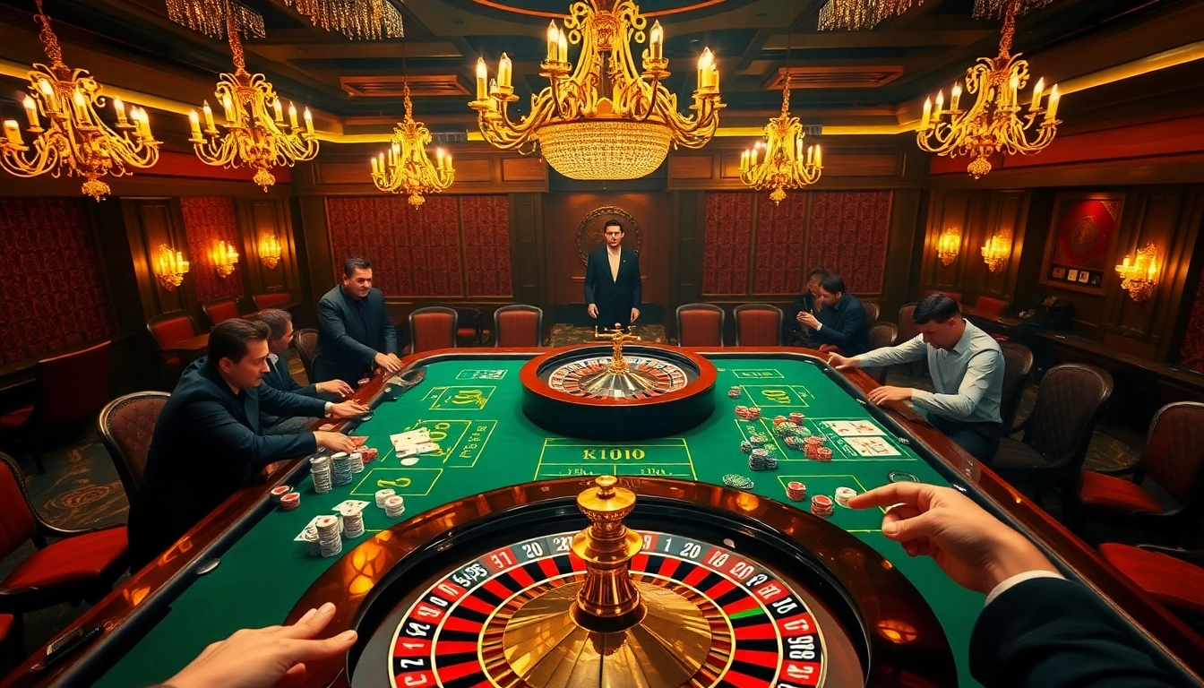 Players enjoying a thrilling round of poker at KKWIN’s luxurious casino table, featuring dynamic action and vibrant chips.