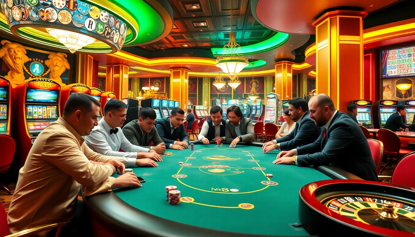 DAGA poker players celebrating a win at a luxurious casino, colorful slot machines in the background.